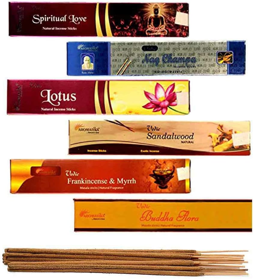 Vedic 6 Assorted Natural Masala Incense Sticks of 90 gm (Nag Champa, Sandalwood, Lotus, Frankincense & Myrrh, Spiritual Love, B. Flora) Incense Sticks Combo 'A'