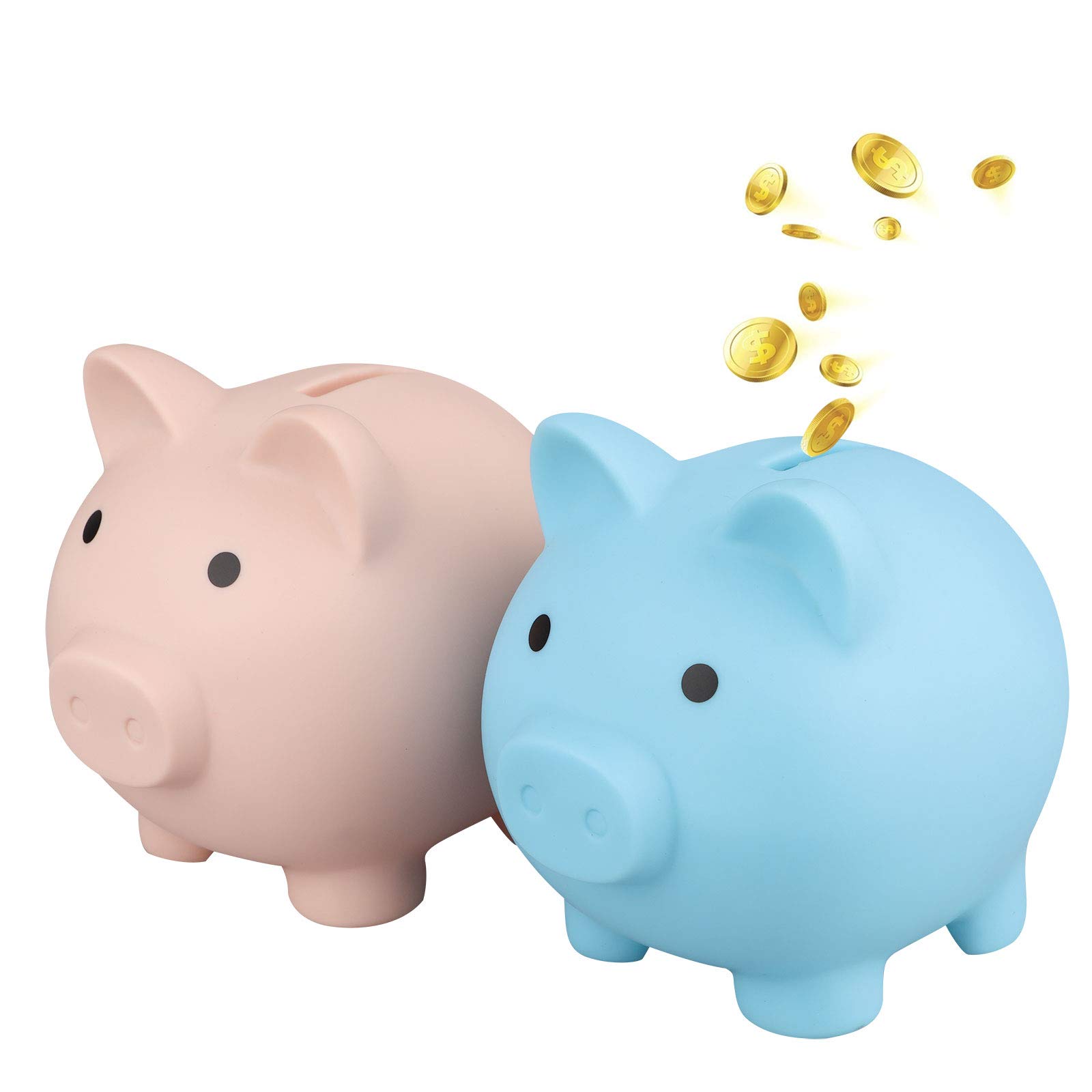 CCCYMM 2 Pcs Cute Piggy Bank Plastic Pig Money Bank Adults Piggy Bank Pig Money Box Coin Bank Plastic Saving Coin Box for Boys Girls Kids (Medium) (Nude Color, Blue)