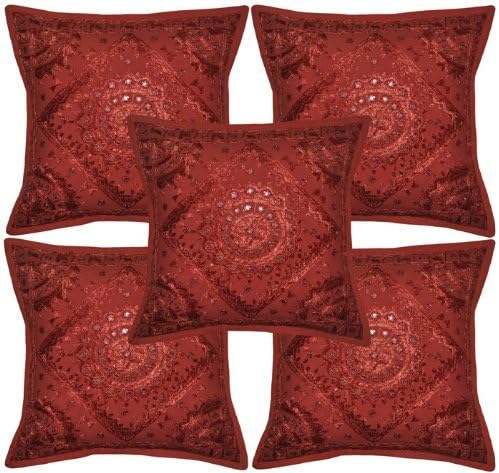 Sophia Art Home Furnishing Decorative Heavy Handmade Embroidered And Mirror Work Indian Cotton Throw Pillow Cushion Covers 16 x 16 Inches Set Of 5 Pcs (Maroon)