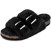 Rainlin Women's Fuzzy Slippers Comfy Cork Footbed Fluffy Slides Open Toe Indoor Outdoor House Shoes with Arch Support Black Size 10