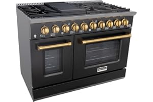 Akicon 48 Inch Freestanding Gas Range - 6.7 cu. ft. Double Rapid Convection Gas Oven - Gas Stove with 8 Sealed Burners & a Griddle, Heavy Duty Cast Iron Grates (Black & Gold)