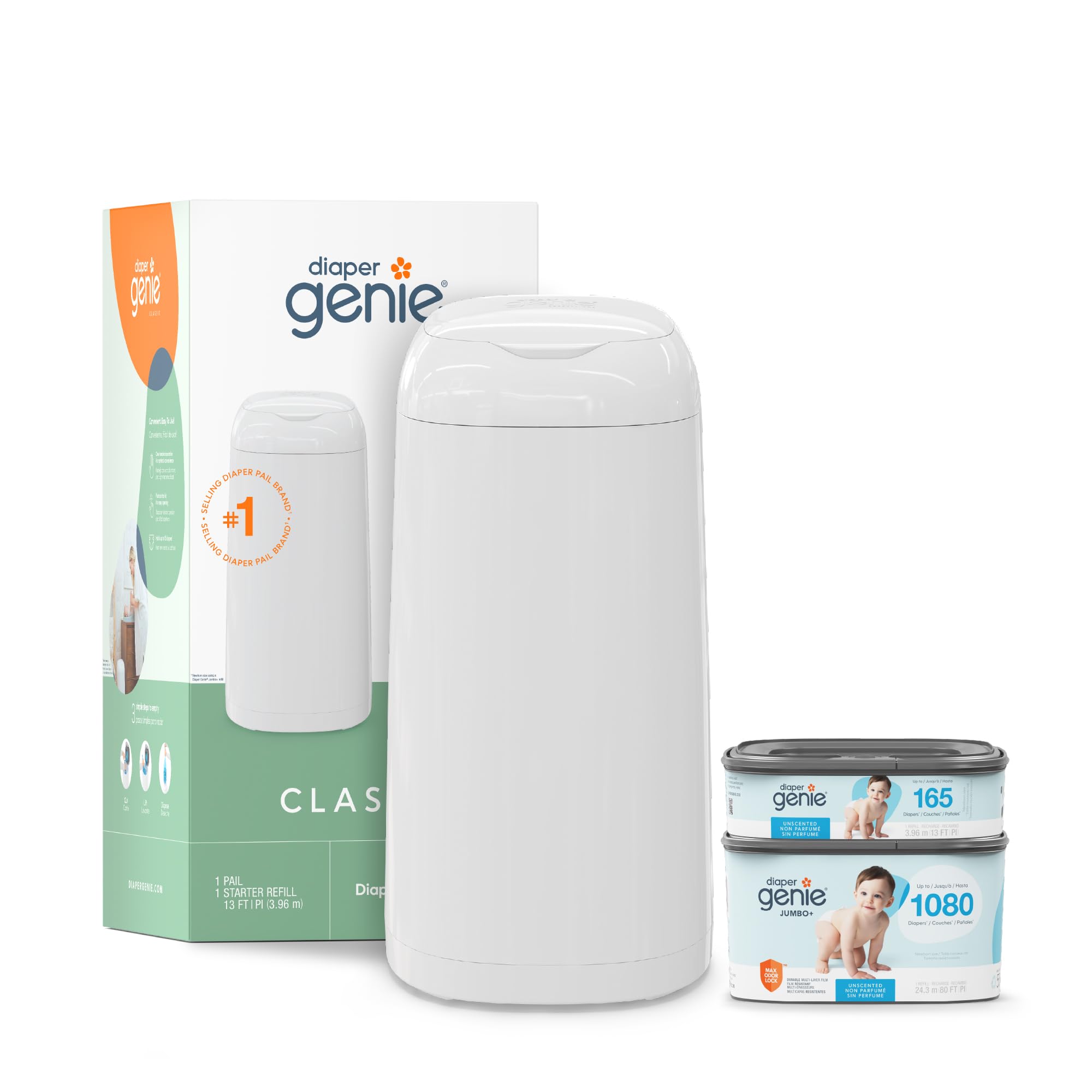 Diaper Genie Classic Gift Set | Baby Registry Must-Have | Odor Control with Push-N-Lock | Refill Supply for Up to 1,245 Newborn Diapers Image