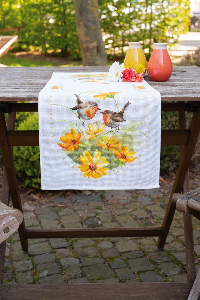 Vervaco Embroidery Kit Table Runner Counted Pattern Pack Cross Stitch Robin & Flowers Embroidery Runner for DIY Embroidery Kit Christmas Creative Set for Adults 32 x 84 cm Creative Gift