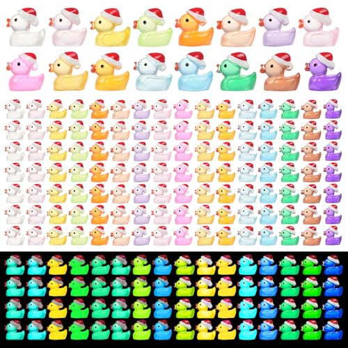 JIUZHU 160Pcs Luminous Christmas Mini Ducks, Glow in The Dark Xmas Mini Resin Ducks with Santa Hats, 16 Colors Tiny Ducks Bulk for Micro Fairy Garden DIY Miniature Dollhouse Decor