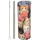 amepay Cute Cat Stainless Steel Insulated Tumbler with Lid - 20oz Kitten Flower Floral Travel Mug, Reusable Metal Straw and Brush, Double-Wall Vacuum Bottle Cup for Hot and Cold Drinks,Gifts Women