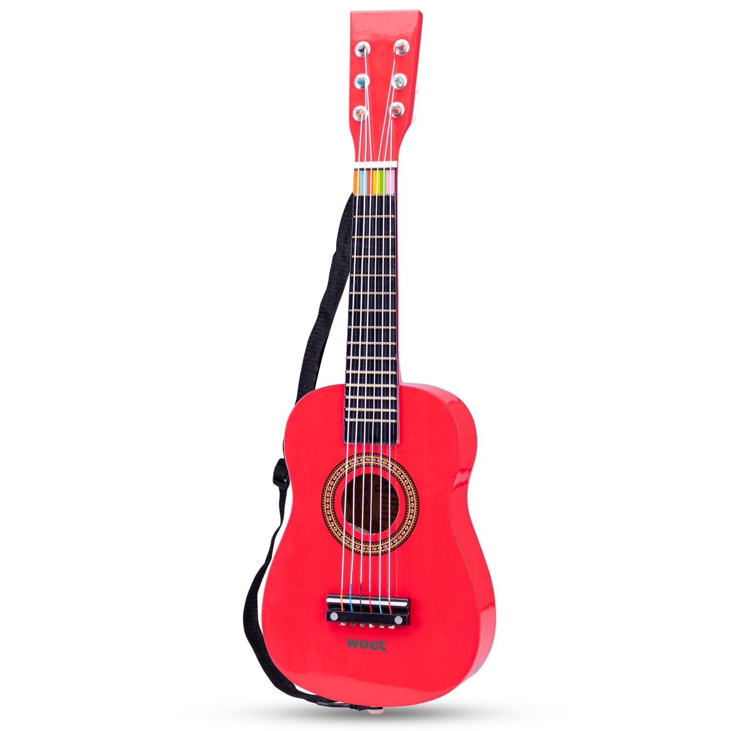 Woet® Red Wooden Toy Guitar for Kids, 6 Nylon Strings with Strap, Spare String and Color Song Book with 3 Songs, Beginner Educational Musical Instrument, Fun Music Gift, Age 3 Years +