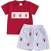 vchoohce Toddler Little Boy Shorts Set Seafood Embroidered Short Sleeve T-shirts Plaid Elastic Waist Shorts Summer Clothes