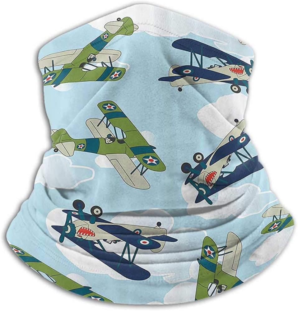 Neck Gaiters For Men Airplane Decor Collection Neck Gaiter Sunblock Face Scarf Vintage Allied Plane Flying Pattern Cartoon Children Kids Repeating Toys Shark Teeth Image Blue