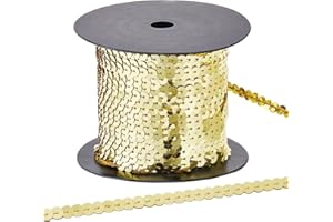 CABODYALS 100 Yards 6MM Gold Sequin Trim Flat Sequins Beaded Ribbon Spangle Metallic Glitter Paillette Strip Trim String Bulk with Spool for Sewing Making Crafts Dresses Costume Supply