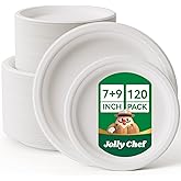 JOLLY CHEF Compostable Heavy Duty Plates 𝟳 𝗶𝗻𝗰𝗵 𝗮𝗻𝗱 𝟵 𝗶𝗻𝗰𝗵 [𝟭𝟮𝟬 𝗣𝗮𝗰𝗸] Eco-Friendly Disposable Paper Plates Bagasse Biodegradable Sugarcane for Party Hot Coold Food Christmas(White)