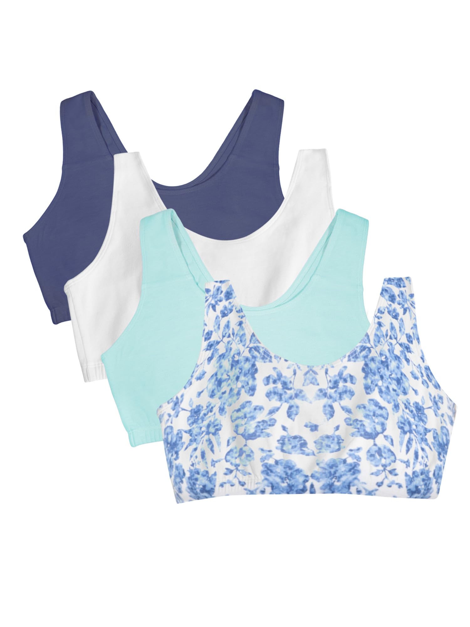 Photo 1 of Fruit of the Loom Women's Built Up Tank Style Sports Bra Value Pack, Modern Tapestry/White/Aruba Blue/Dutch Blue