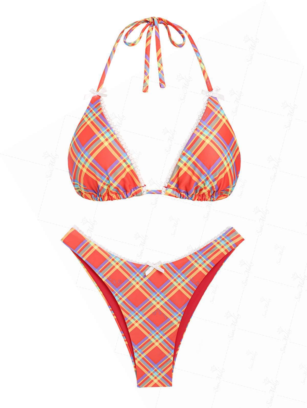 Photo 1 of seamoly Vintage Gingham Lace Trim Bowknot Decor Halter Triangle Cheeky Bikini Set, Red, M