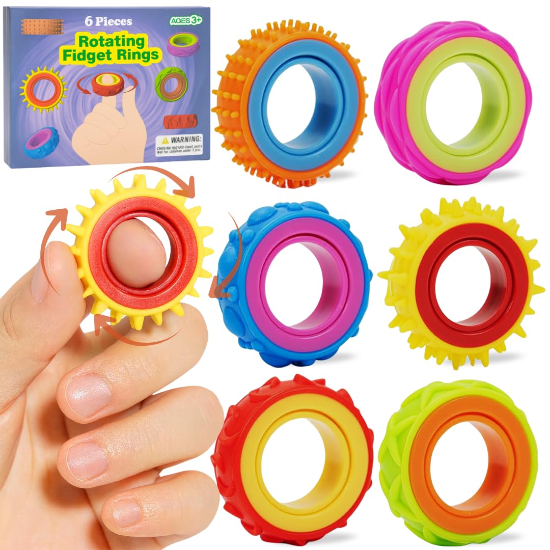 Rotating Fidget Sensory Rings for Autism & ADHD – Quiet Textured Spinner Finger Toys for Kids & Adults, 6-Pack Anxiety & Stress Relief, Focus & Sensory Stimulation for Classroom & Office (Two-color)