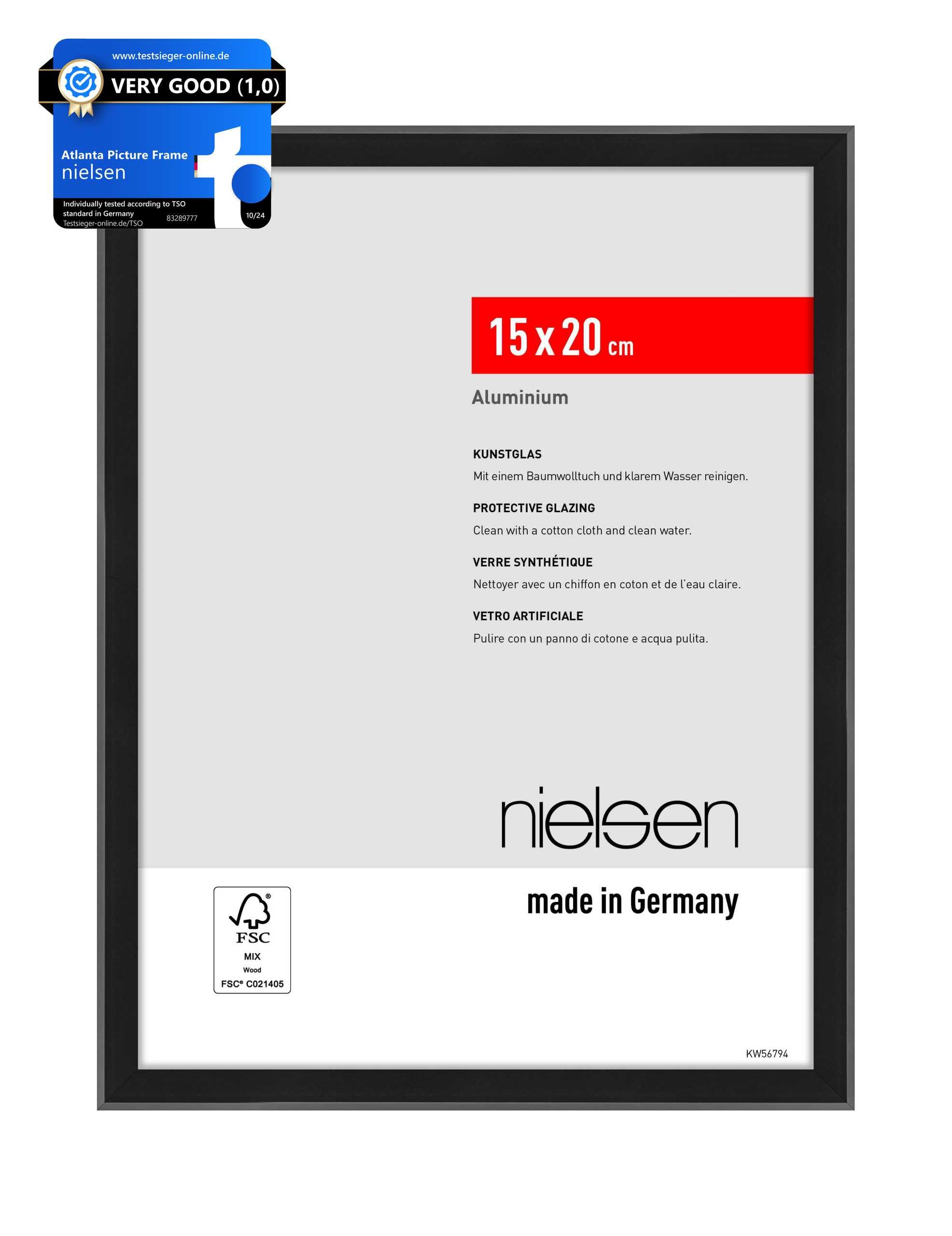 nielsen Atlanta Aluminium Picture Frame - Frosted Black 15x20cm - with Synthetic Glass and Push-Turn Clips