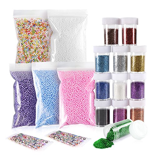 Glitter for Slime & Foam Beads, Teenitor Crunchy Slime Making Kit with 5 Pack Foam Balls & 12pcs Glitter for Slime& 2000pcs Fruit Slices, Slime Materials for Slime DIY Nail Art Decoration