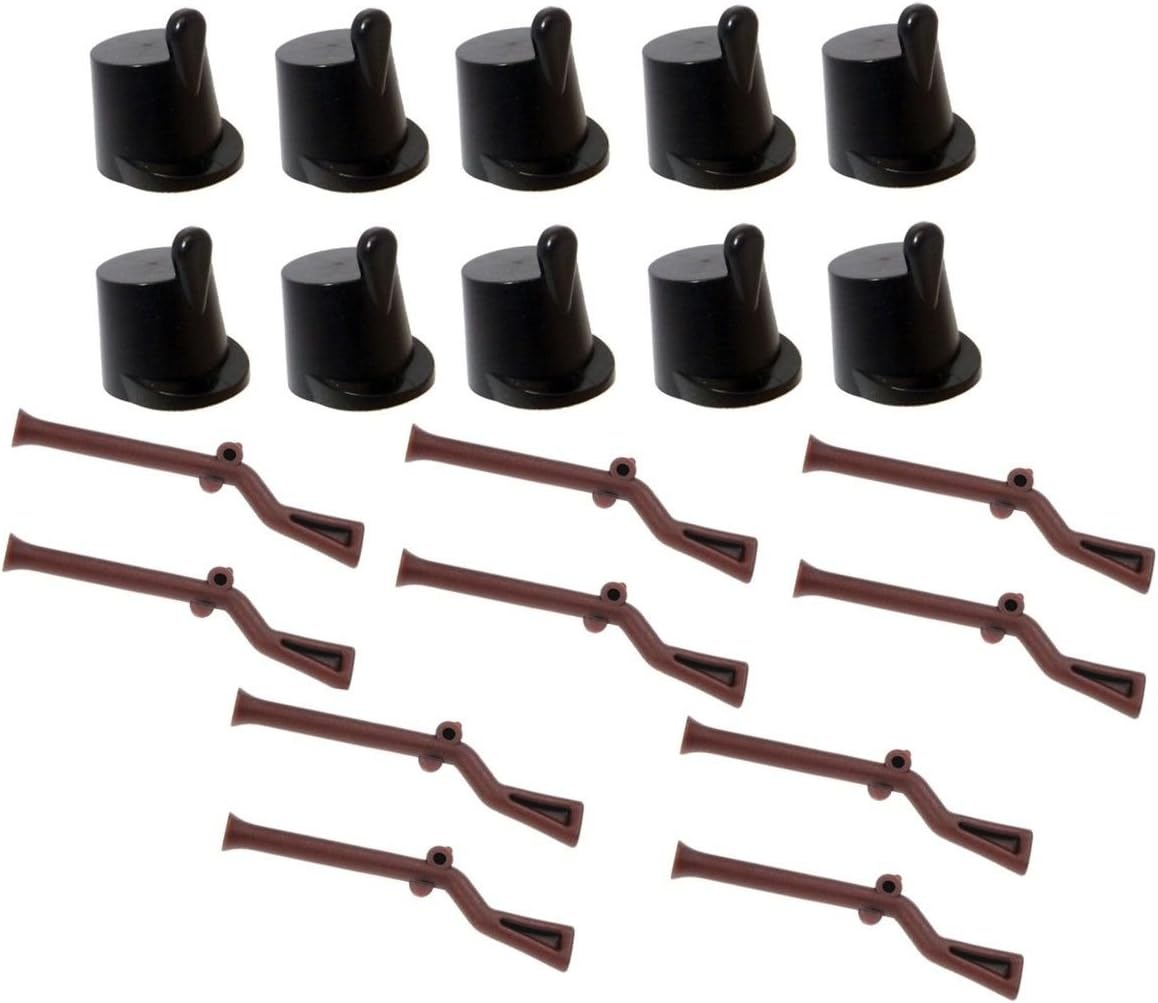 LEGO IMPERIAL GUARD SOLDIER SHAKO HELMET HATS X 10 & MUSKETS X 10 - FOR USE WITH PIRATE THEME MINIFIGURES AND SETS