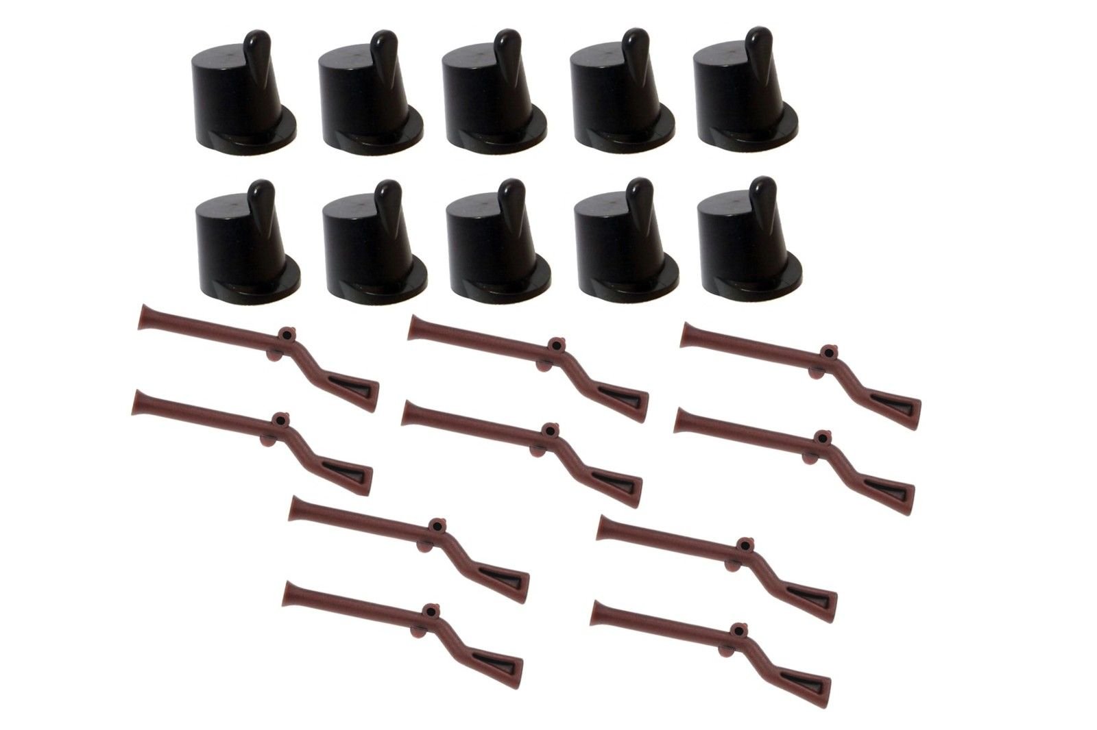 LEGO IMPERIAL GUARD SOLDIER SHAKO HELMET HATS X 10 & MUSKETS X 10 - FOR USE WITH PIRATE THEME MINIFIGURES AND SETS