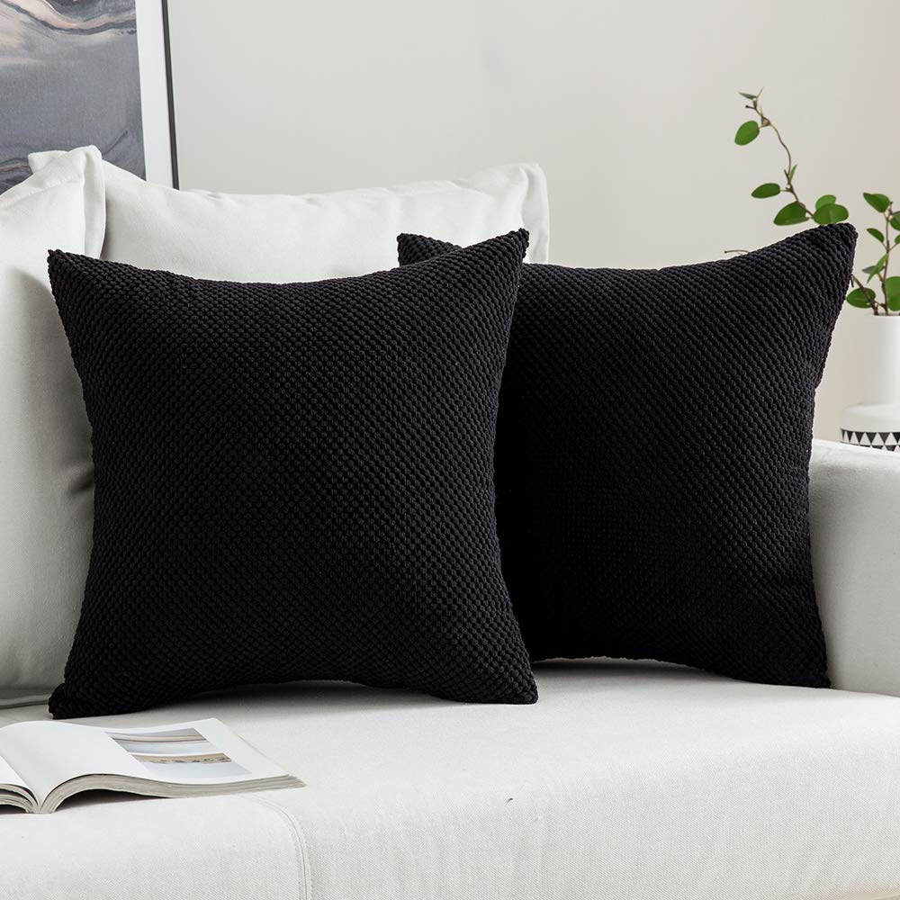 MIULEE Corduroy Cushion Cover Fabric Granule Throw Pillow Case Square Solid Home for Sofa Chair Couch Bedroom Decorative Pillowcases with Invisible Zipper 2 Pieces Black 50x50cm 20x20 Inch