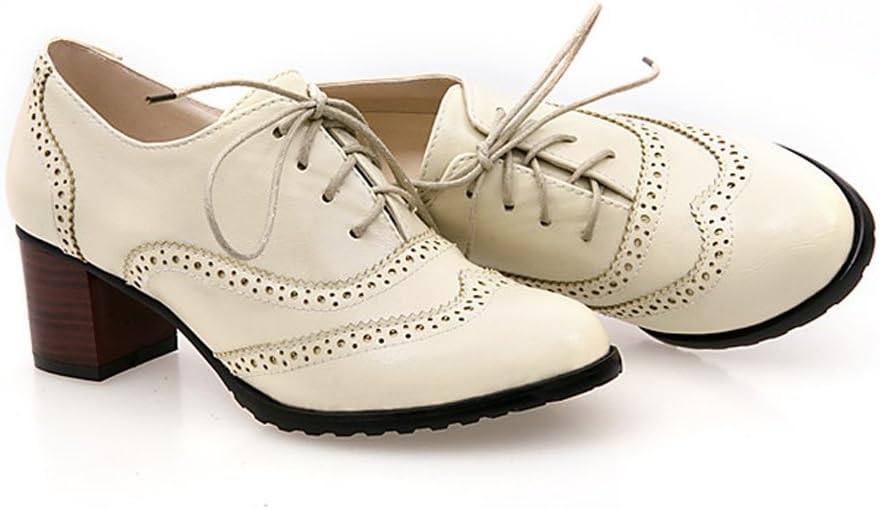 England Brogue Shoe Womens Lace-up Mid Heel Wingtip Oxfords Vintage PU Leather Shoes