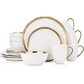 Stone Lain Modern Poreclain 16 Piece Dinnerware Set, Plates and Bowls Set, Dish set for 4, White And Golden Rim