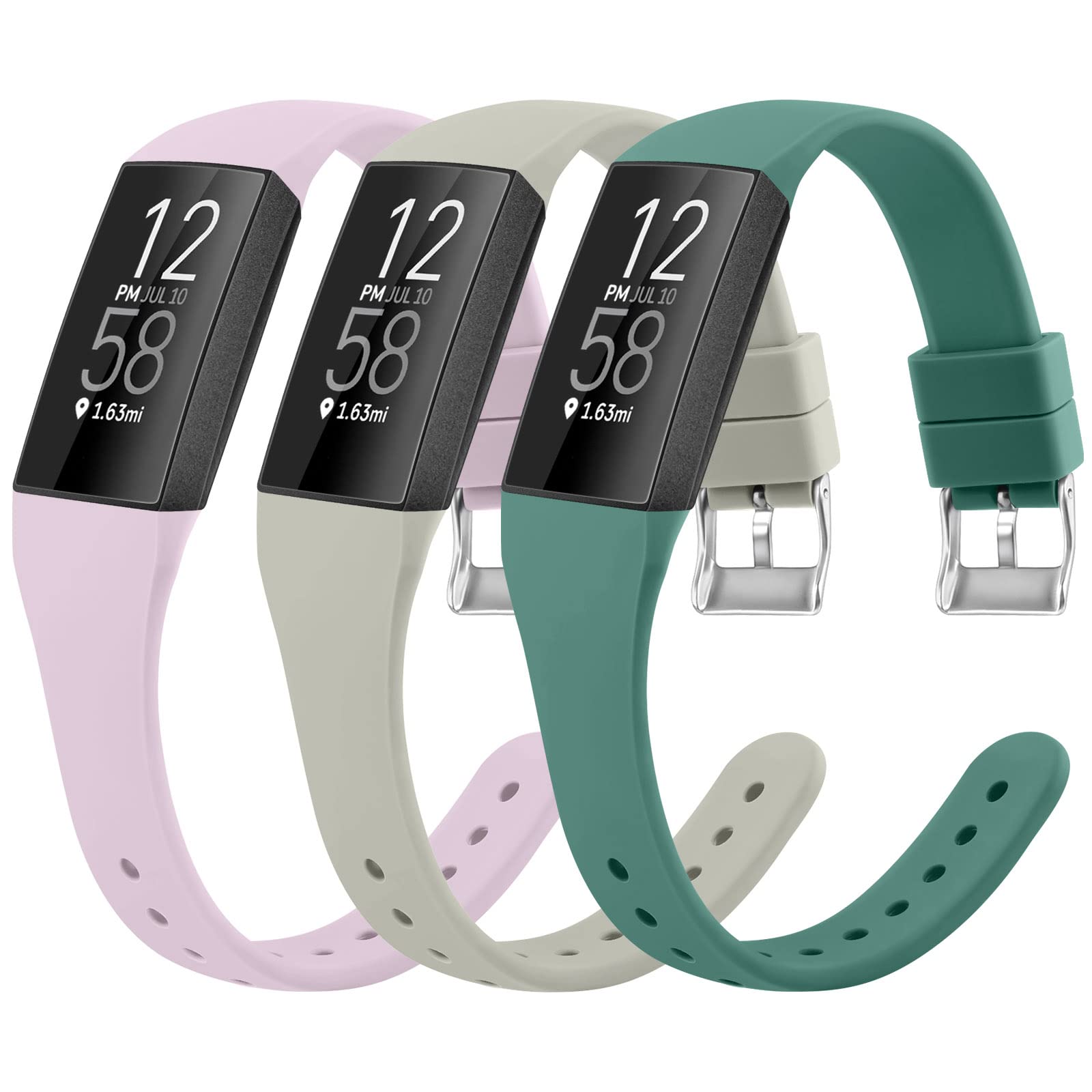 3-Pack Straps compatible with Fitbit Charge 3 / Charge 4 for Women, Soft Silicone Slim Replacement Band for Fitbit Charge 3/Charge 3 SE/Charge 4 Straps (04 Pine Green,Grey,Lavender)