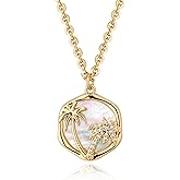 Fettero 14K Gold Plated Necklaces for Women Dainty Mother of Pearl Pendant, Love Heart | Palm Tree | Compass | Cross Charm MOP Gold Necklace Jewelry Gift