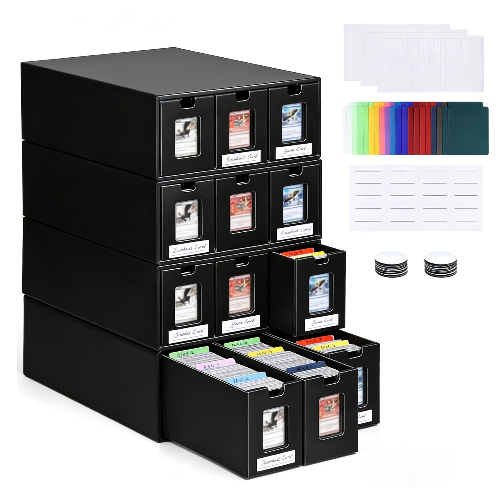 Trading Card Storage Box 4-Tier, Cardboard Card Storage Box, 12 Drawers Black MTG Deck Box with 48 Colorful Card Dividers & Sticker Labels, Trading Card Organizer for TCG, MTG, PTCG, Sports Cards
