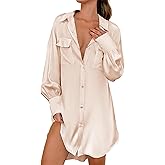 Ekouaer Women Satin Sleep Shirt Long Sleeve Nightgown Button Down Nightshirt Silk Sleepwear Soft Pajama Dress Sleep Dress