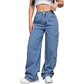 Cargo Jeans for Women Wide Leg High Waisted Stretchy Multi Pockets Baggy Denim Cargo Pants