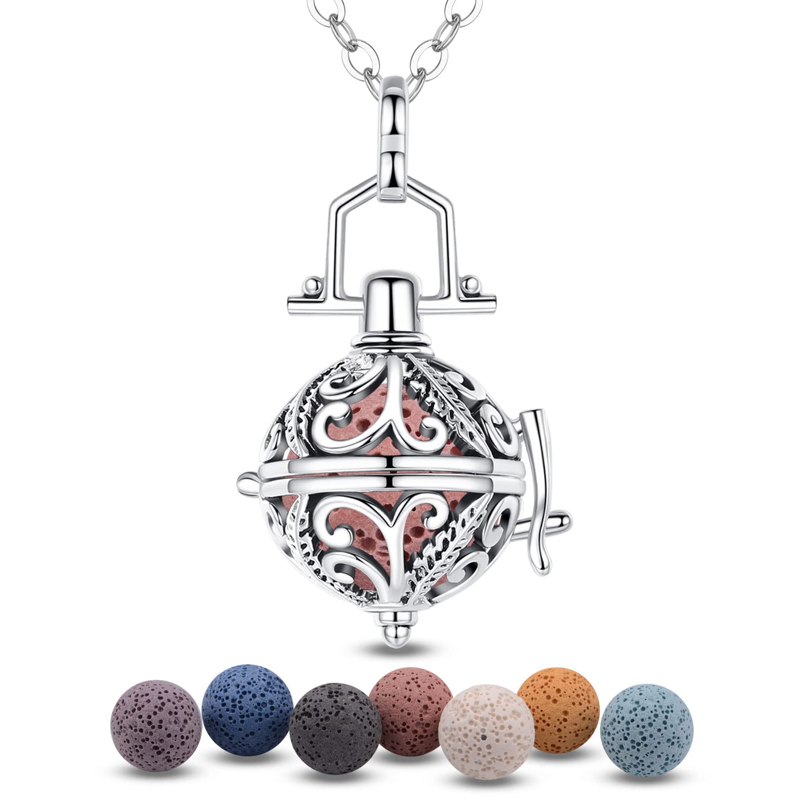 EUDORA Harmony Ball Aromatherapy Necklace Essential Oil Diffuser Pendant with 7PCS Lava Stone Beads for Women Girls Nice Gift Jewellery, 24 inches