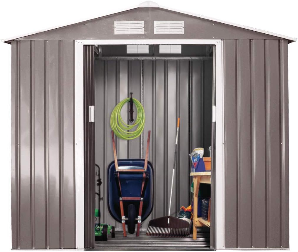 ttbero 7’ x 4’ Garden Storage Shed, Steel Outdoor Storage Shed for Garden Utility Tool Backyard Lawn with Sliding Doors & Roof (Grey + White)