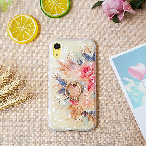 RicHyun Girly iPhone XR Case, Cute Pink Floral Soft Pearly Lustre TPU Cover with Sparkly Diamond Ring Holder for Women