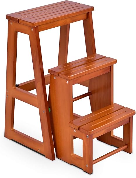 GOPLUS Hockerleiter aus Kiefernholz, Leiterstuhl 3 Stufen, Tritthocker