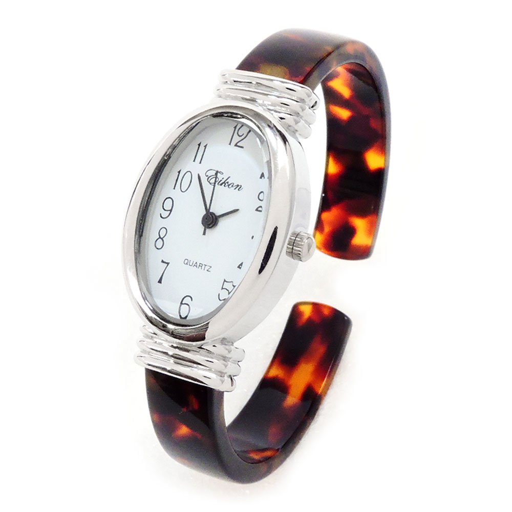 Tortoise Silver Acrylic Band Oval Face Women's Eikon Bangle Cuff Watch, Modern