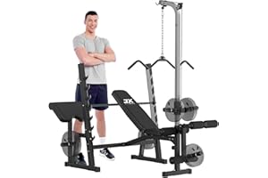 JX FITNESS Olympic Weight Bench with LAT Pulldown Pulley System and Preacher Curl Pad, Workout Bench Press Multi-Function Weight Lifting Gym/Home Gym