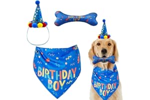 IDOLPET Dog Birthday Boy Bandana Hat Toy Set - Pet Party Supplies, Triangle Bibs With Cute Bone Scarf Accessories and Decoration for Large Doggy - Blue