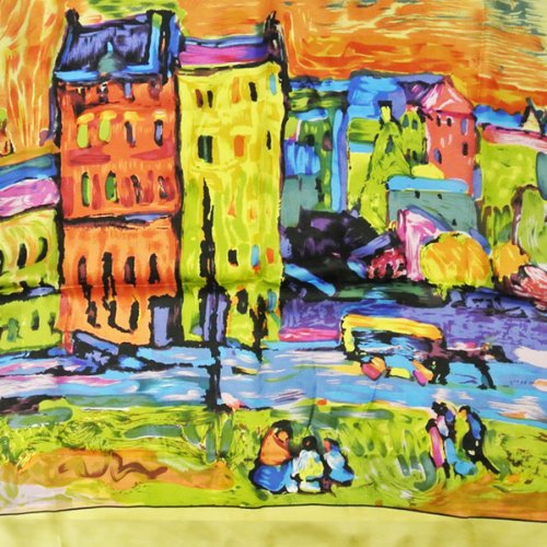 Wrapables Luxurious 100% Charmeuse Silk Long Scarf with Hand Rolled Edges, Wassily Kandinsky's Houses in Munich