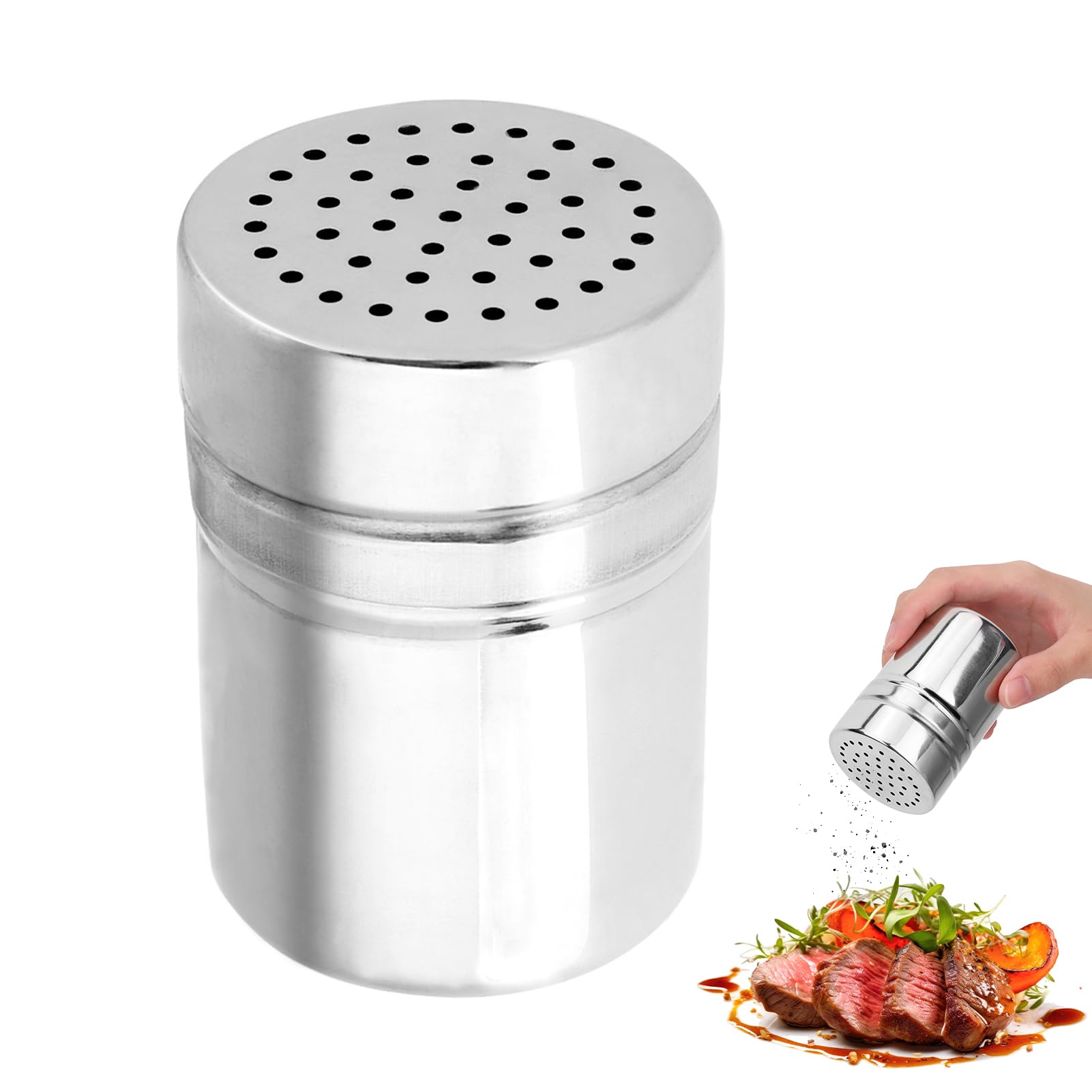 Salt Shaker, Stainless Steel Seasoning Sugar Shaker Spice Jars with Lids for Salt Peppy Chocolate Powder Icing Sugar Flour, 3 x 2 x 2in