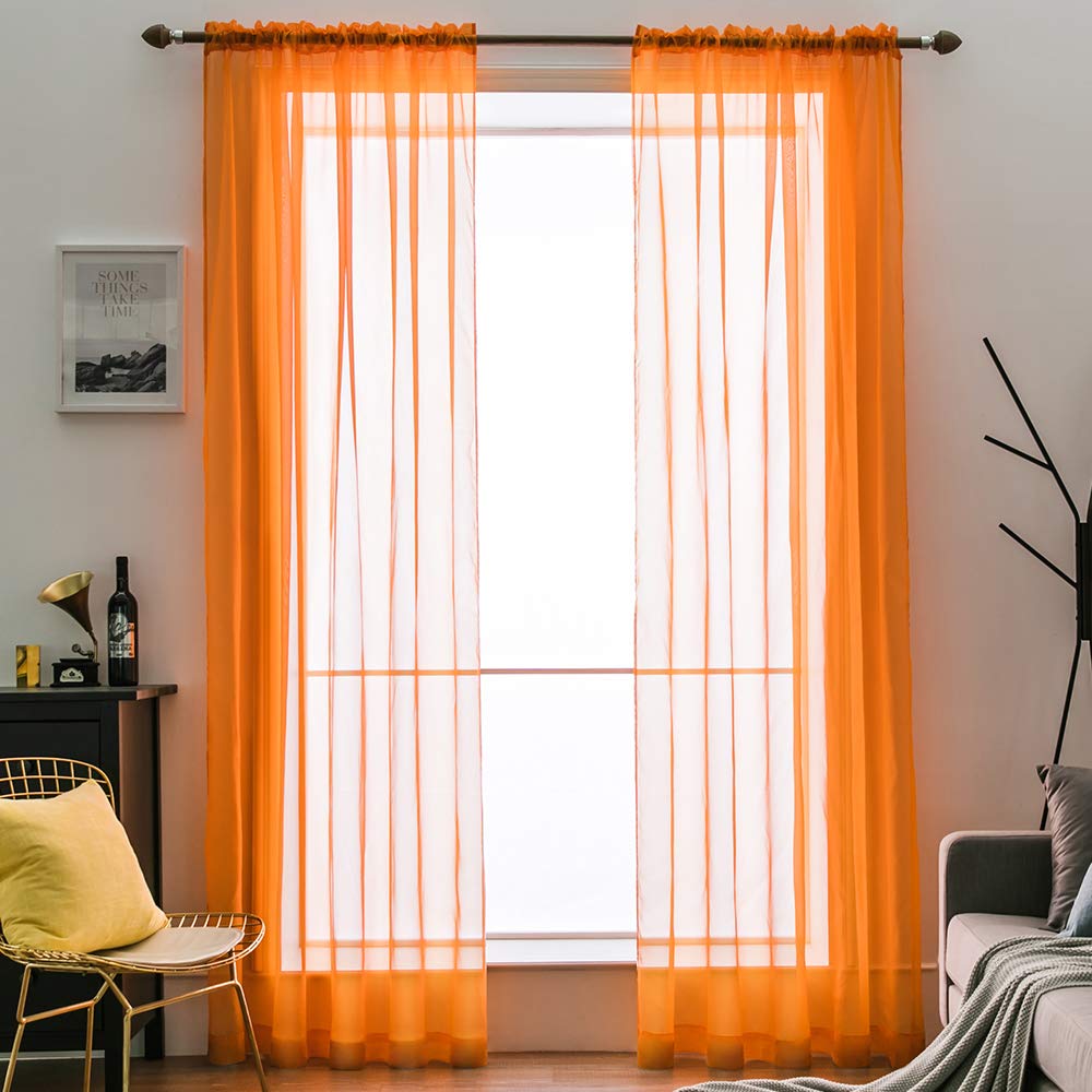 MIULEE 2 Panels Solid Color Sheer Window Curtains Smooth Elegant Window Voile Panels/Drapes/Treatment for Bedroom Living Room Orange 55" Wx63 L, Rod Pocket
