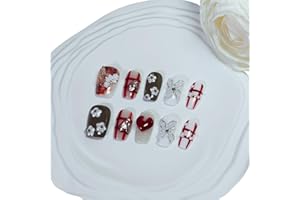 UNIYVOH Short Coffin Press on Nails Handmade False Nails with Designs, 3D Hand-painted Reusable Fake Nails Stick on Nail (Valentine Red+Heart, M)