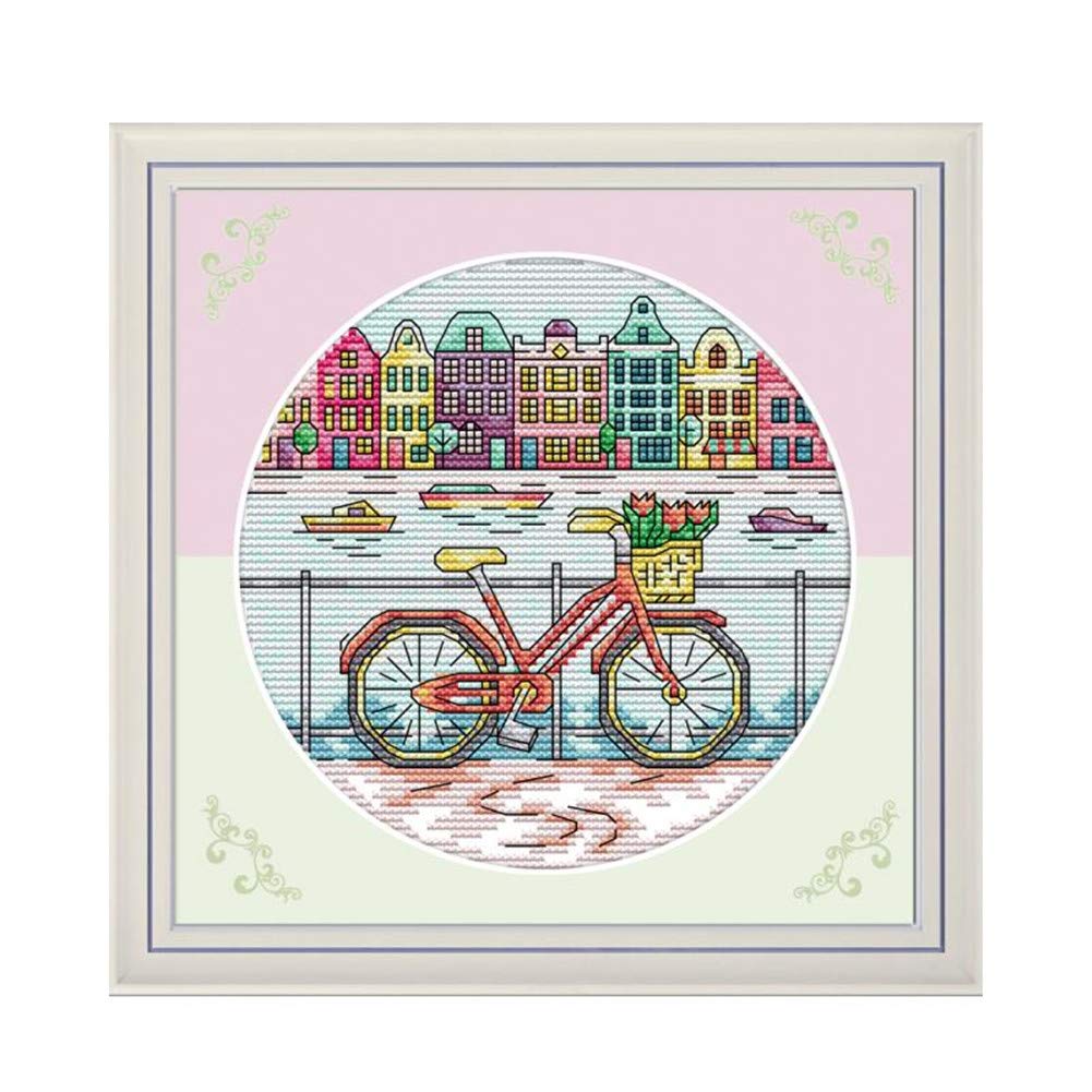 Cross Stitch Embroidery Kits for Adults Kids, WOWDECOR Bicycle Sea City Landscape 11CT Stamped DIY DMC Needlework Easy Beginners