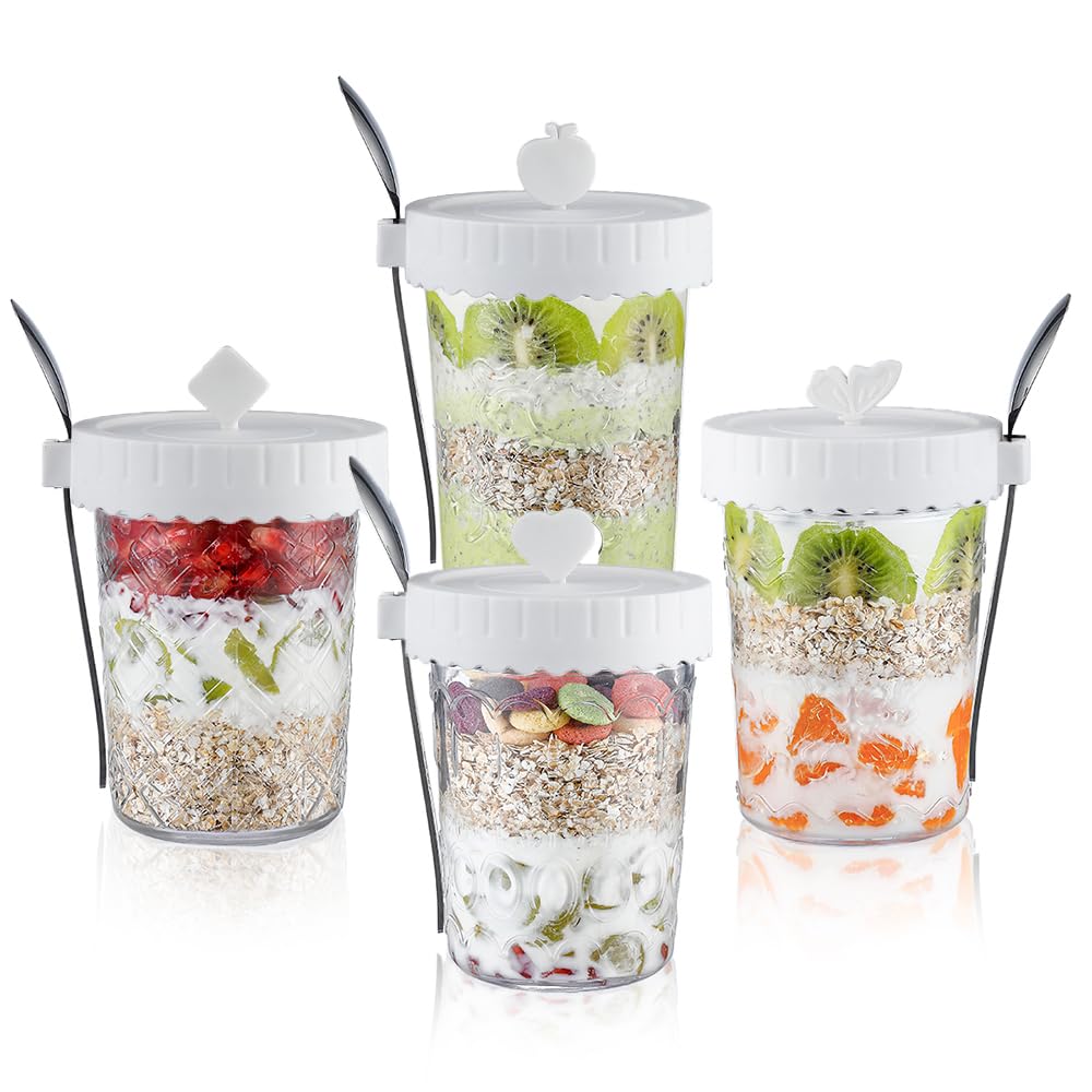 Photo 1 of X.SSTTXN 4 Pack Glass Yogurt Parfait Jars with Lids and Spoons, 100% Leak Proof Mason Jars, 20 oz Meal Prep Containers Reusable, Glass Jars for Overnight OatsYogurtSoupSnackParfait - White