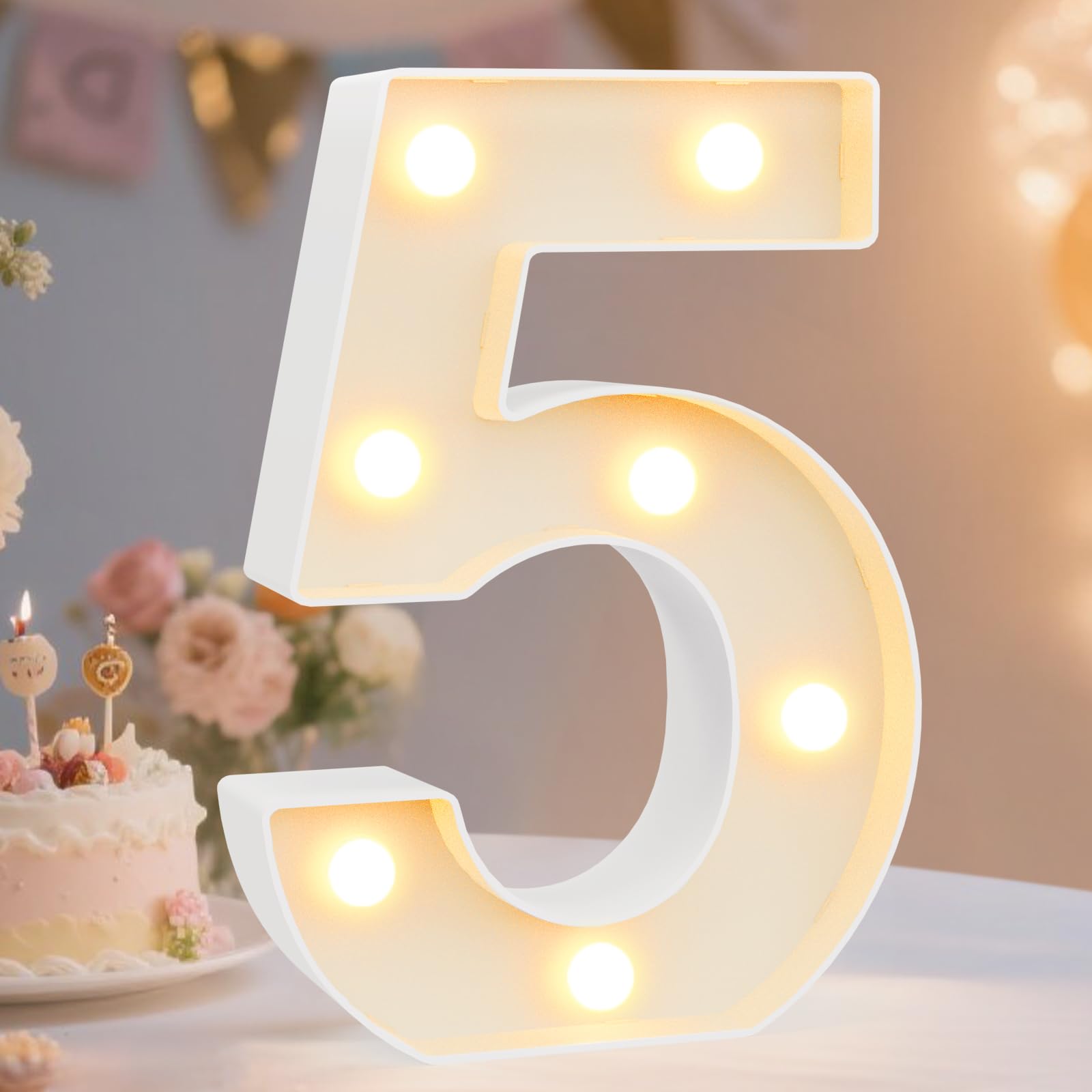 Photo 1 of Pooqla Decorative LED Light Up Number Letters, White Plastic Marquee Lights Sign Party Wedding Decor, Battery Operated (5)