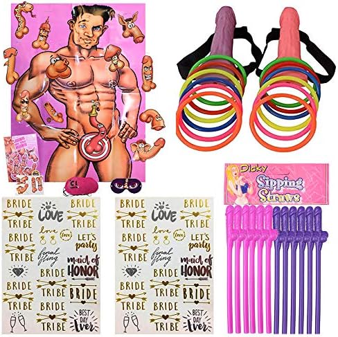 Cooper life Bachelorette Party Favor Game Set(4 models),Ring Toss Hoopla Games,Stick the Junk on the Hunk,Tatto,straw.Funny Games For Hen Party, Bridal Shower Party,Girls Party