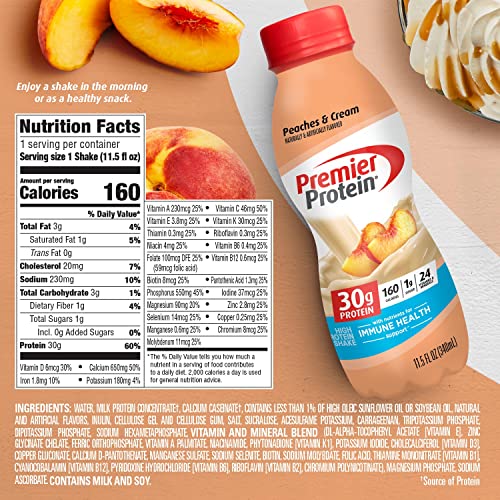 PREMIER PROTEIN SHAKE, PEACHES & CREAM, 30G PROTEIN, 1G SUGAR, 24 VITAMINS & MINERALS, NUTRIENTS TO SUPPORT IMMUNE HEALTH 11.5 FL OZ