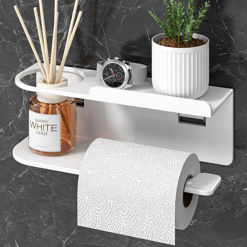 Photo 1 of ?Toilet Paper Holder with Shelf, Self Adhesive or Wall-Mount with Screws for Bathroom, Washroom, Stainless Steel Toilet Tissue Roll Holder with Wipes Storage (White)
