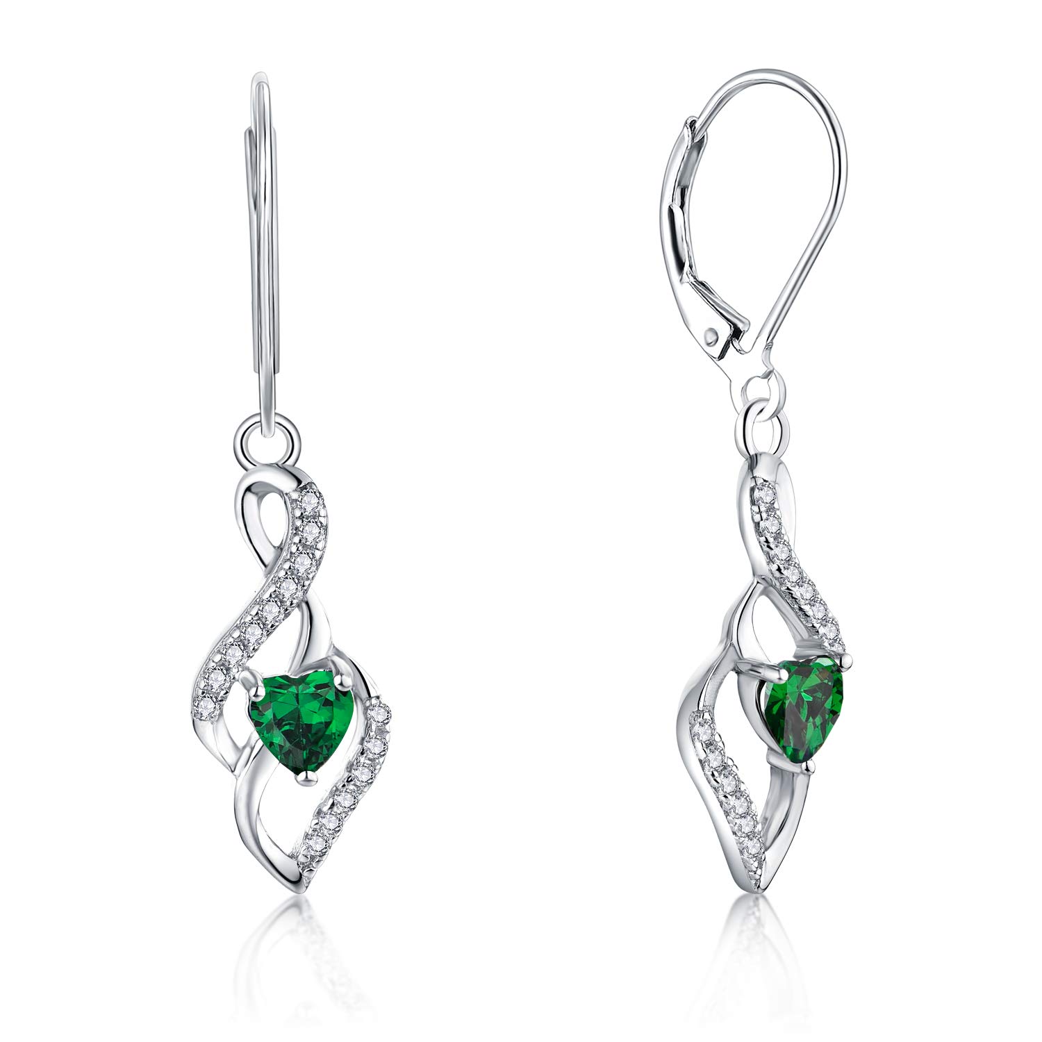 JO WISDOM Women Earrings,925 Sterling Silver Infinity Leverback Dangle & Drop Earrings with 3A 4 * 4mm Heart-cut Cubic Zirconia May Birthstone Emerald Color