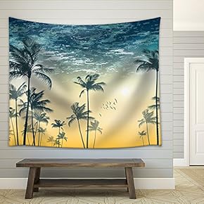Vector - Tropical Palm Tree Scene at Sunset or Sunrise Highly Detailed and Editable - Fabric Wall Tapestry Home Decor - 51x60 inches