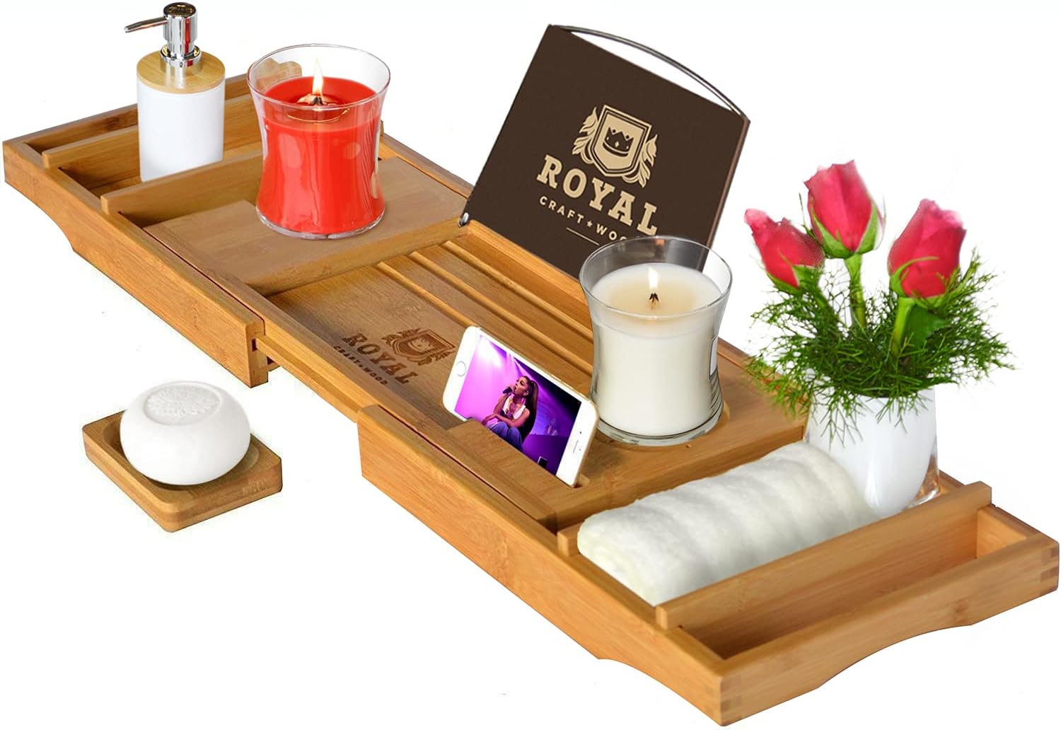 ROYAL CRAFT WOOD Luxury Bathtub Caddy Tray, One or Two Person Bath and Bed Tray, Bonus Free Soap Holder (Natural): Home & Kitchen