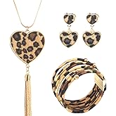 YAZILIND 3 Pieces Leopard Jewelry Set Leopard Leather Bracelet Dangle Earring Necklace for Women